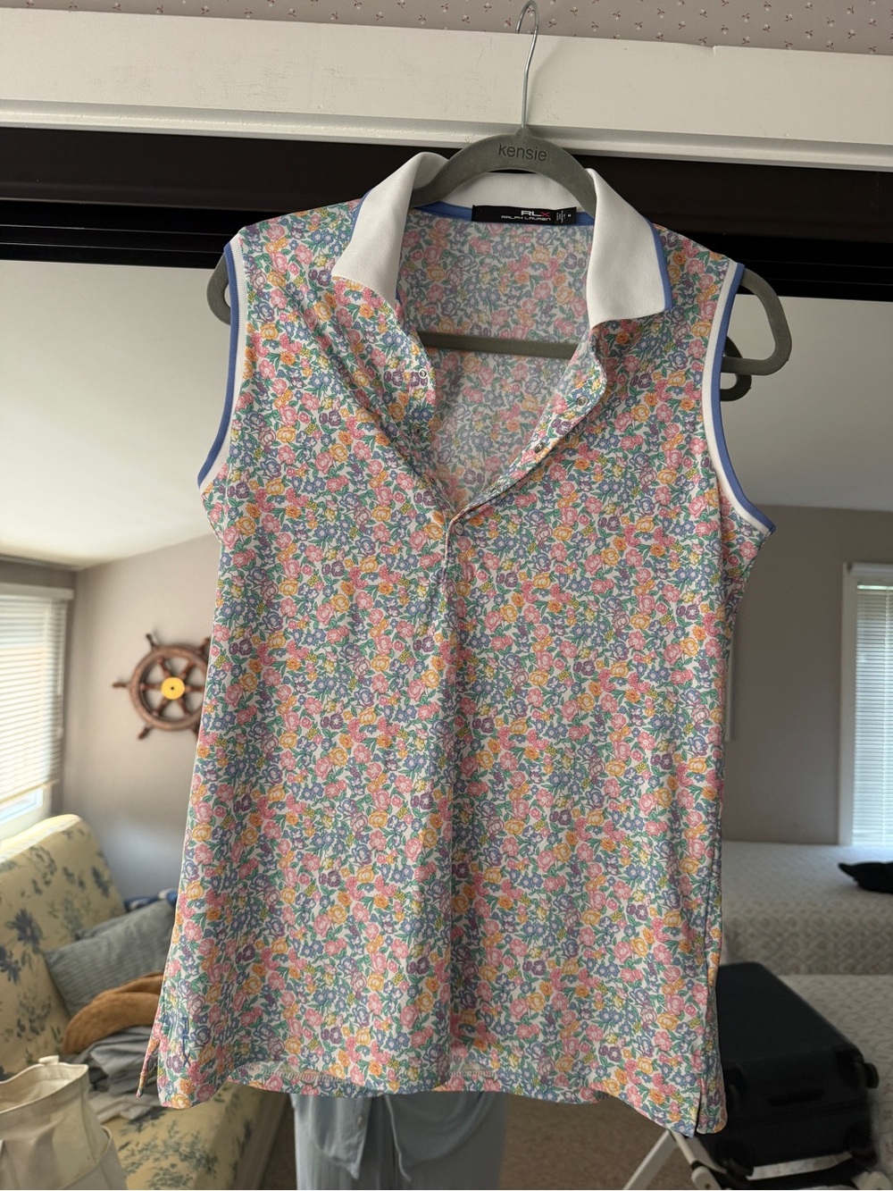 Ralph Lauren Pastel Floral Sleeveless Polo with White Collar
